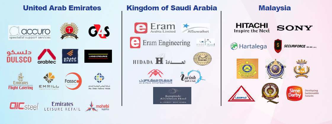Client logos from the United Arab Emirates, Kingdom of Saudi Arabia and Malaysia, including Hitachi, Sony, Hartalega, G4S and Sime Darby