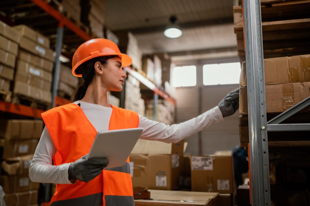 Warehouse worker checking stock with a tablet