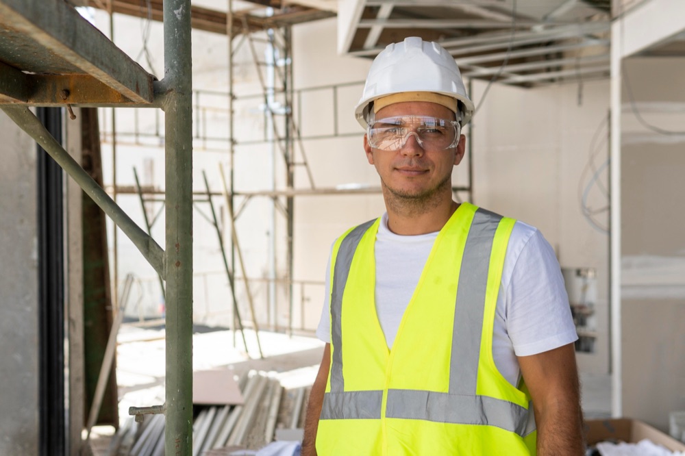 Construction worker in a safety vest at a building site