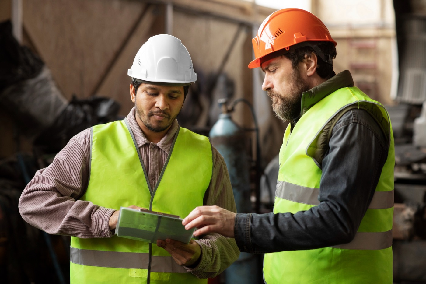 Two site workers in safety vests reviewing plans on a tablet
